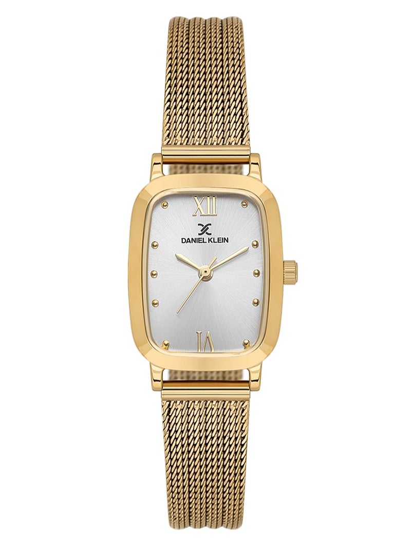 دانيل كلاين سوار شبكي نسائي | علبة من سبيكة ذهبية | تناظري | قرص مربع فضي بنمط شعاعي | كوارتز ياباني | فاخر | مقاومة للماء حتى عمق 30 مترًا - Image 1